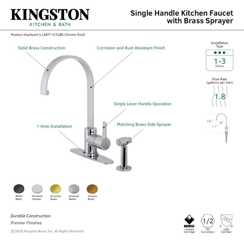 Kingston Brass Continental Single-Handle Kitchen Faucet with Brass Sprayer