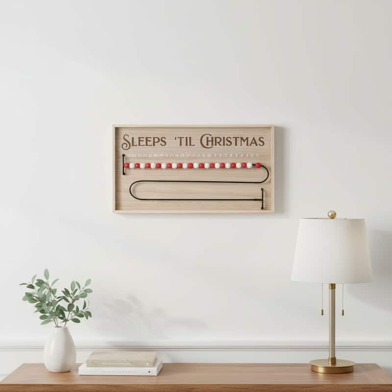 HomeRoots 11" X 20" Natural And Red Wood Sleeps 'Til Christmas Advent Calendar Hanging Wall Decor - Red/Natural - 20.00 in. x 11.00 in.  x 1.00 in.