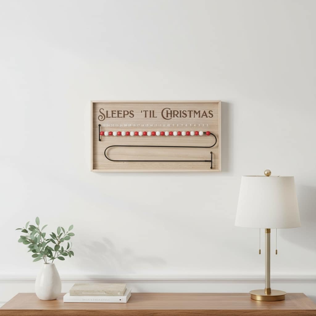 HomeRoots 11" X 20" Natural And Red Wood Sleeps 'Til Christmas Advent Calendar Hanging Wall Decor