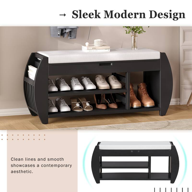Shoe Bench 2-Tier Storage Bench with Cushion & Curved Side Holder, Wooden Panel Shoe Rack Organizer for Entryway, Living Room - Black