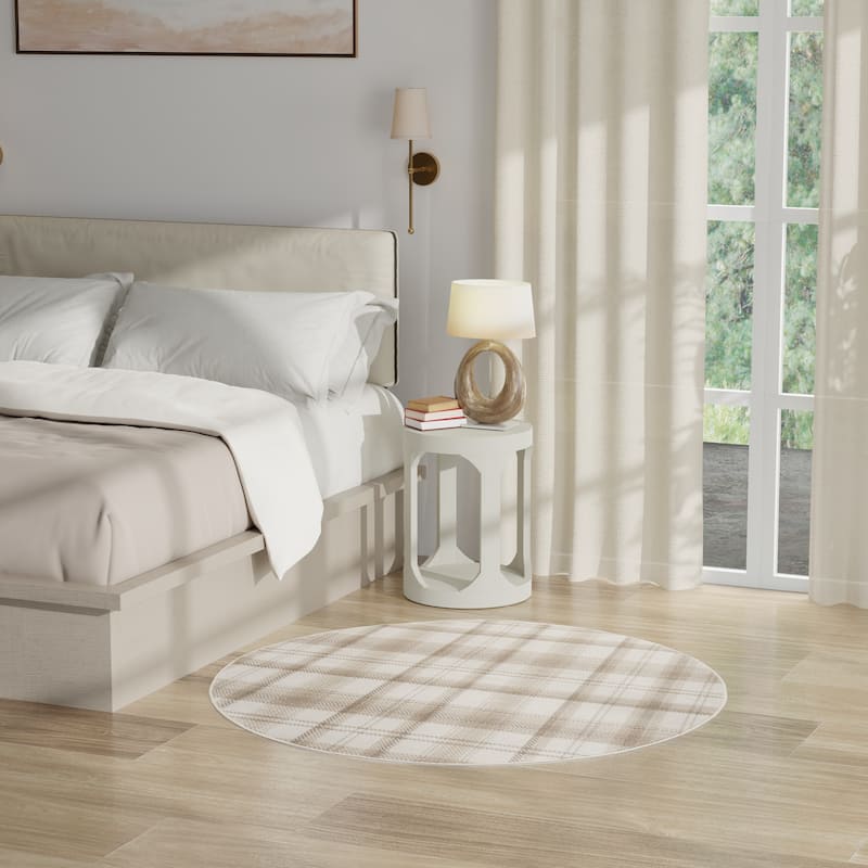 Nourison Grafix Plaid Farmhouse Area Rug - 4' x Round - Ivory/Beige