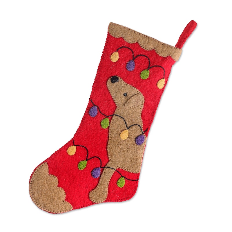 Novica Handmade Cheerful Dog Applique Wool Felt Christmas Stocking