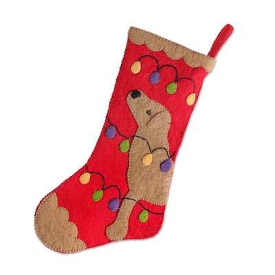 Novica Handmade Cheerful Dog Applique Wool Felt Christmas Stocking