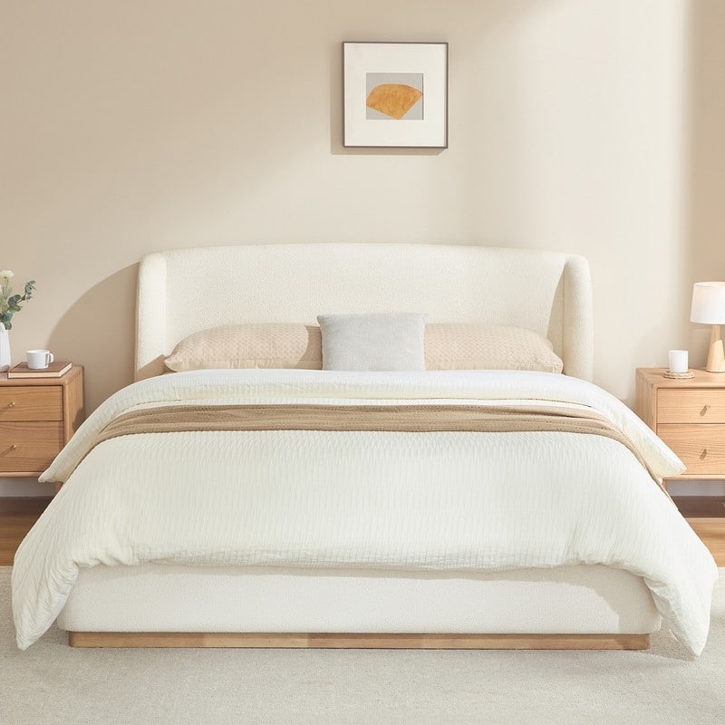 Spruce & Spring Modern Bouclé Upholstered Wingback Bed with Solid Wood Base