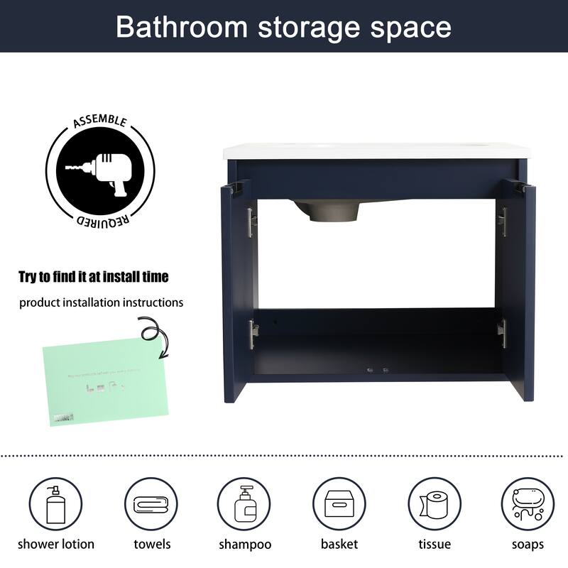 Malwee 24"/36"/48" Floating Bathroom Vanity, Wall Mounted Bathroom Vanity with Resin Top,Soft Close Doors
