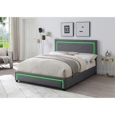 Upholstered Queen Size Platform Bed with LED Lights, Storage Bed with 4 Drawers,fabric