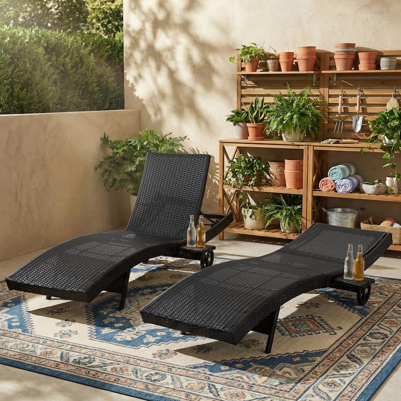 80"Patio Chaise Lounge Chairs Set of 2, Rattan Reclining Chair w/Rolling Wheels & Pull-out Side Table, Adjustable Backrest - Black+Brown