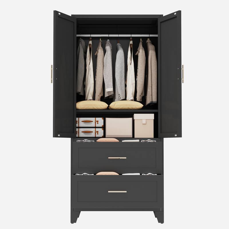 71" Metal Wardrobe Cabinet with 2 Drawers & Hanging Rod - 2-Door Closet with Shelf for Bedroom, Office, Entryway