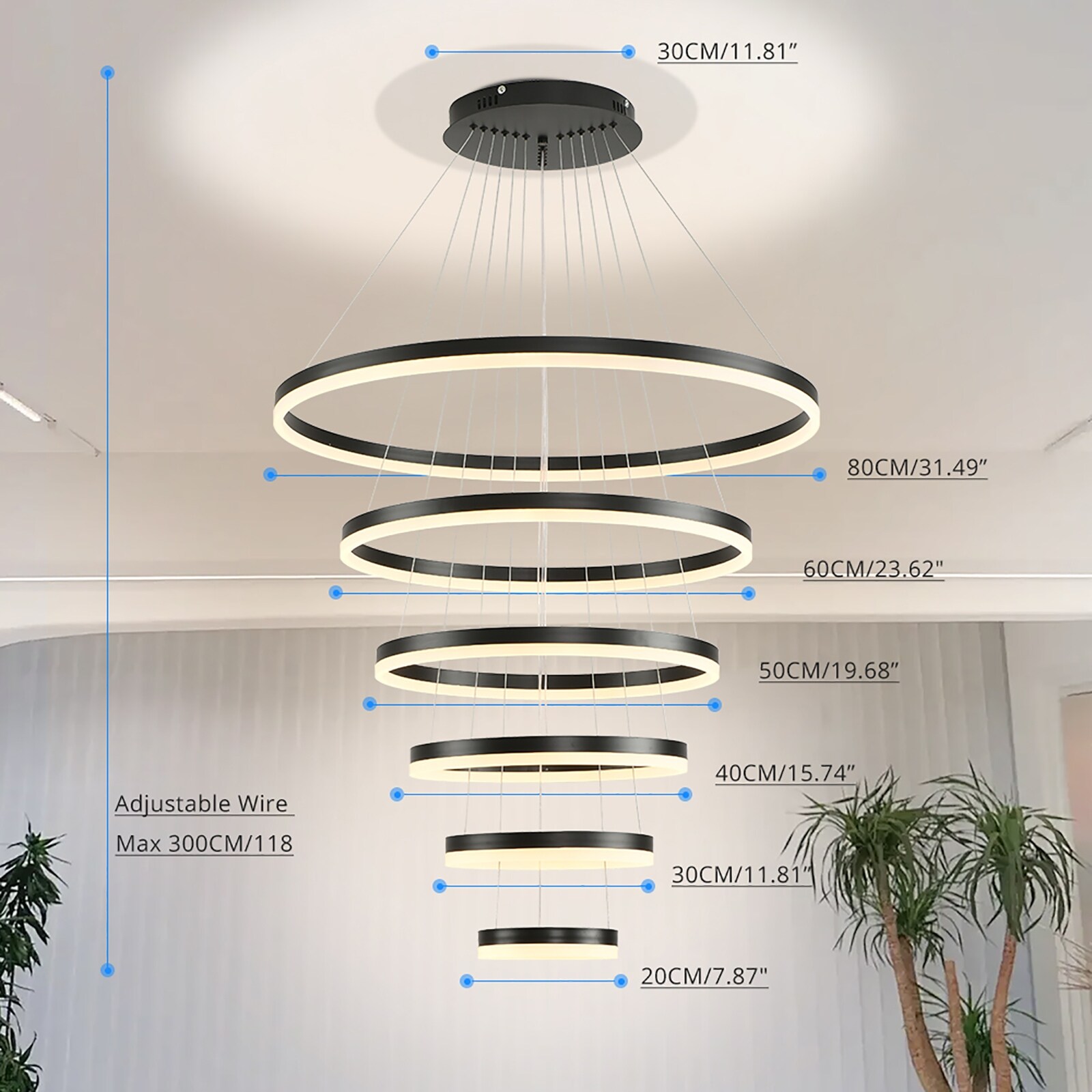 Modern LED Chandelier 6 Ring Black Dimmable High Ceiling Chandeliers 118