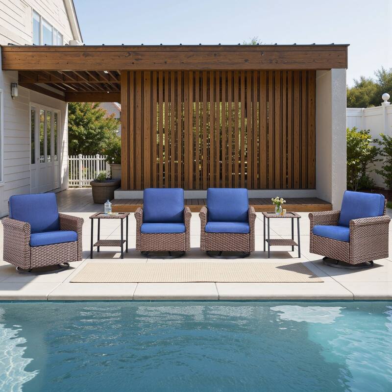 Pocassy Outdoor Sofa Swivel Chairs Patio Chair Funiture Set - 6PCS Swivel Chairs w/ Table - Brown Wicker Beige Cushion