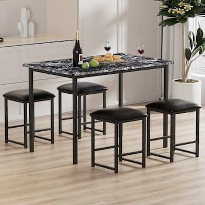 VECELO Kitchen Table and Chairs for 4, Dining Table Set with PU Chairs/Stools, Wooden Tabletop