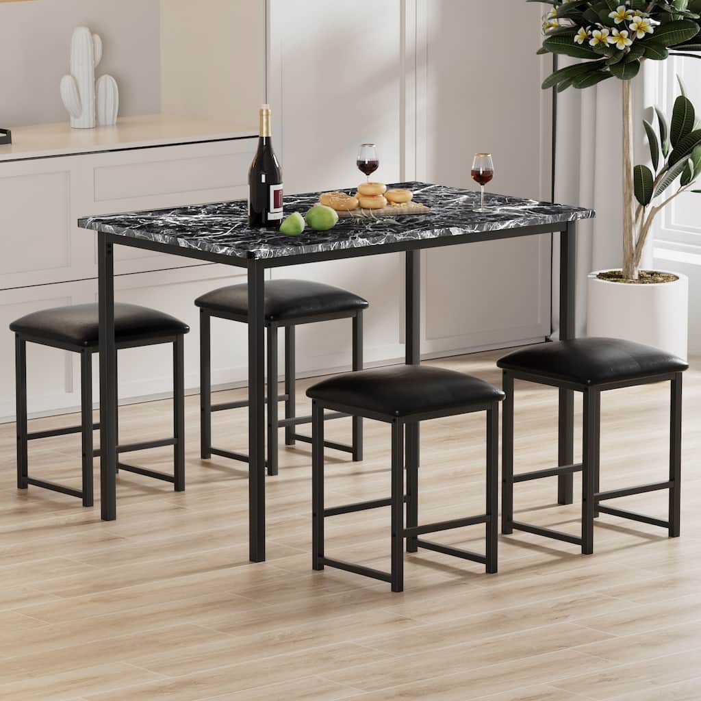 VECELO Kitchen Table and Chairs for 4, Dining Table Set with PU Chairs/Stools, Wooden Tabletop