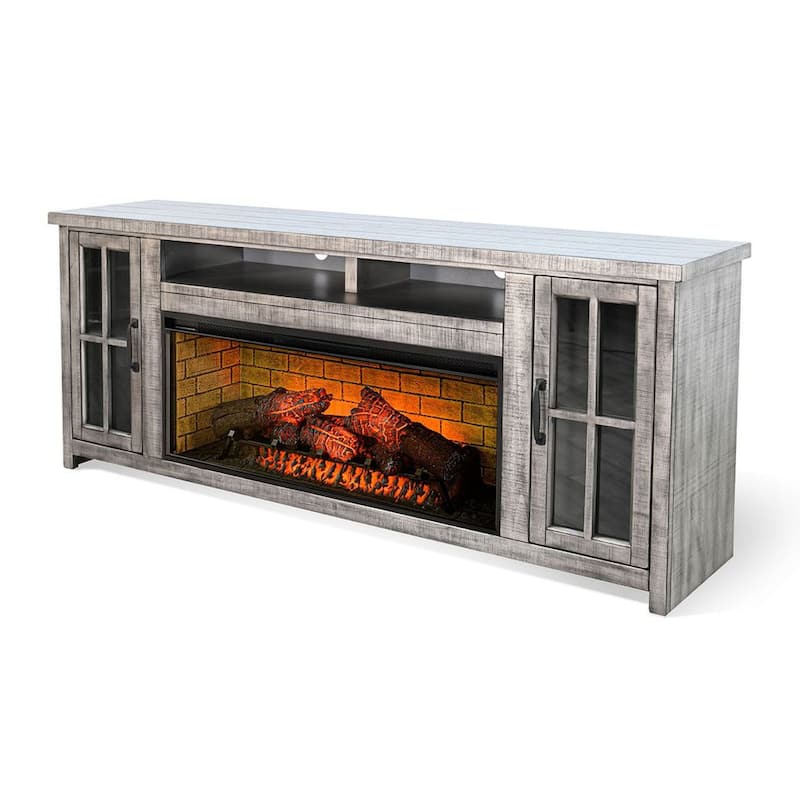Gery TV Console w Log Fireplace, 76 Inch, 2 Cabinets, Gray Brown Mahogany