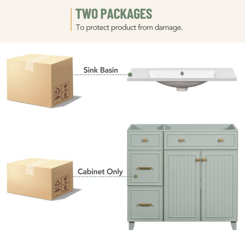 36-inch Bathroom Vanity with Rectangular Resin Sink, Modern Undermount Bathroom Sink Cabinet with 2 Drawers & Adjustable Shelf