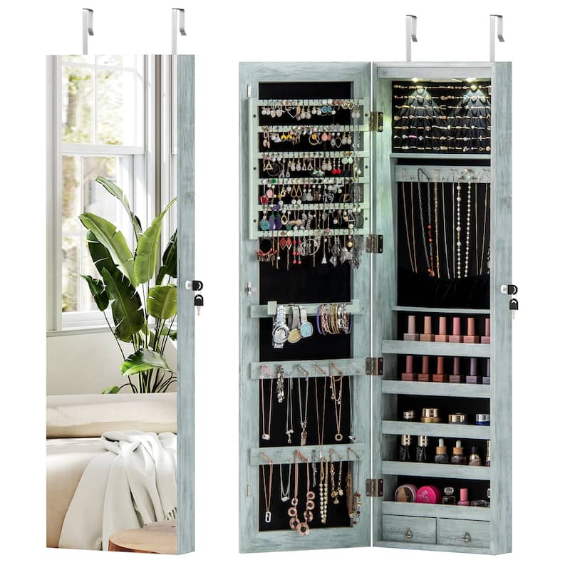 Costway Mirrored Wall & Door Mounted Jewelry Cabinet Storage Organizer - See Details - Navy