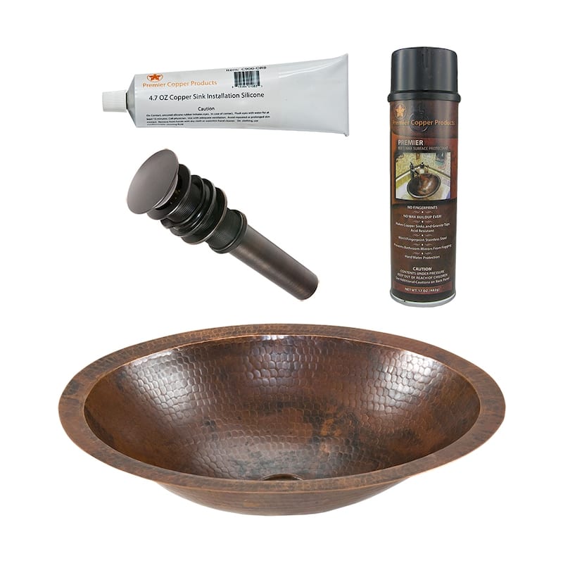 17" Oval Under Counter Hammered Copper Bathroom Sink, Matching Drain and Accessories