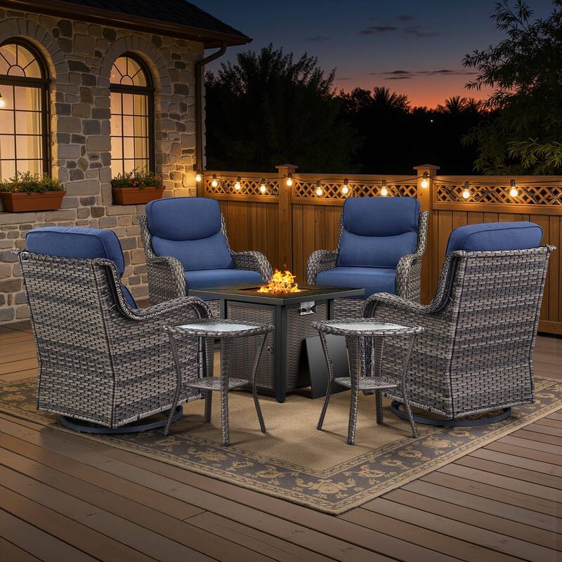 Meyreso 7-Piece Outdoor Patio Wicker Fire Pit 4 person Conversation Set with 5-Inch Thick Cushions - Navy Blue Cushions - Gray Wicker