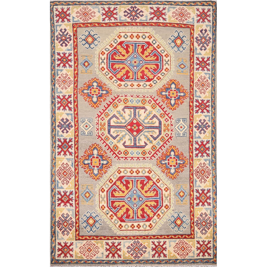 Geometric Kazak Oriental Accent Rug Handmade Wool Carpet - 3'2" x 5'0"
