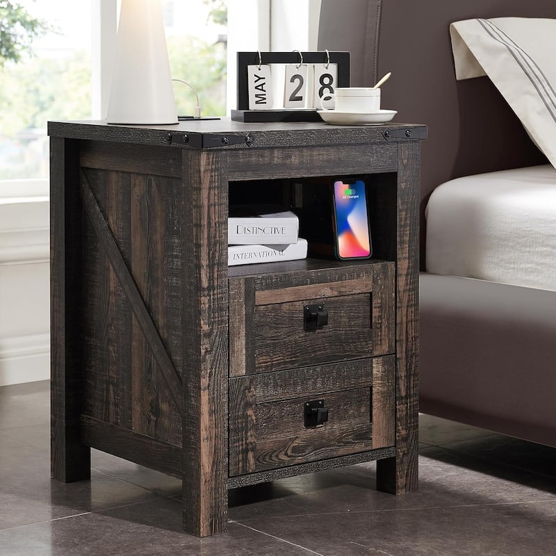 Farmhouse Nightstand with Charging Station, End Table, Side Table - Dark Rustic Oak