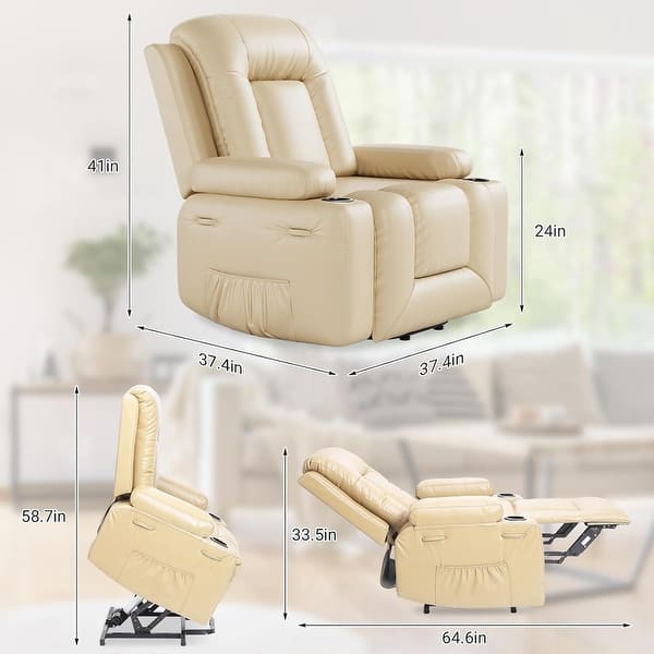 dimension image slide 9 of 10, Power lift recliner chair with massage, cup holders, and side pocket.