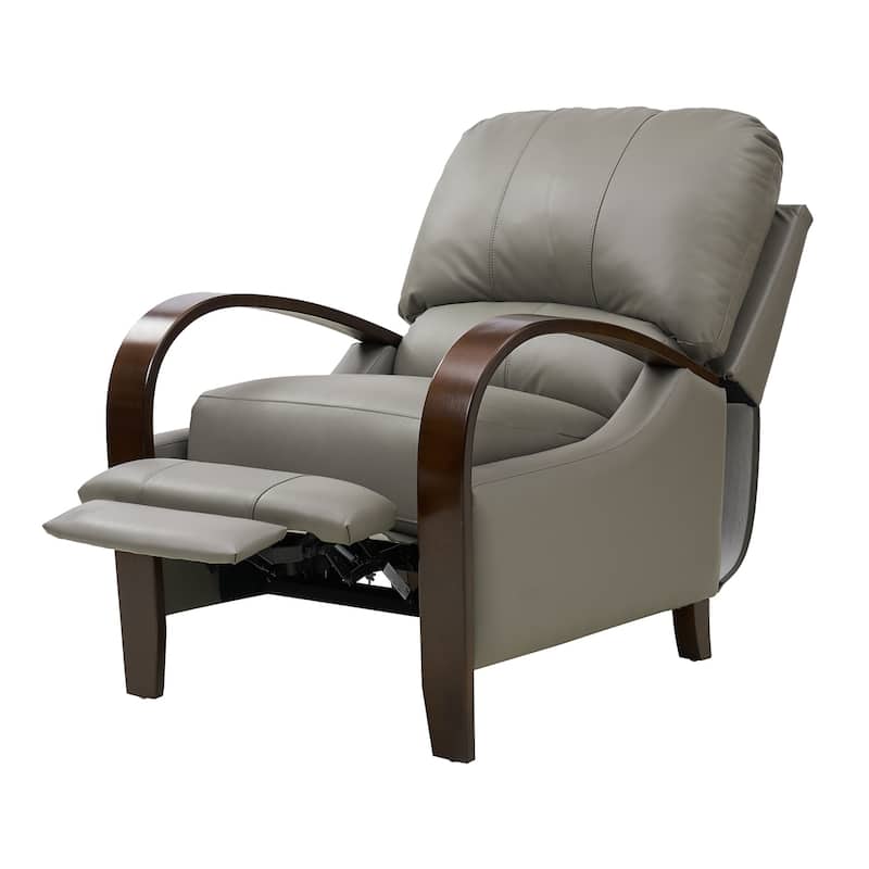 Alex Mid-century Modern Genuine Leather Manual Recliner with Wooden Curved Arms