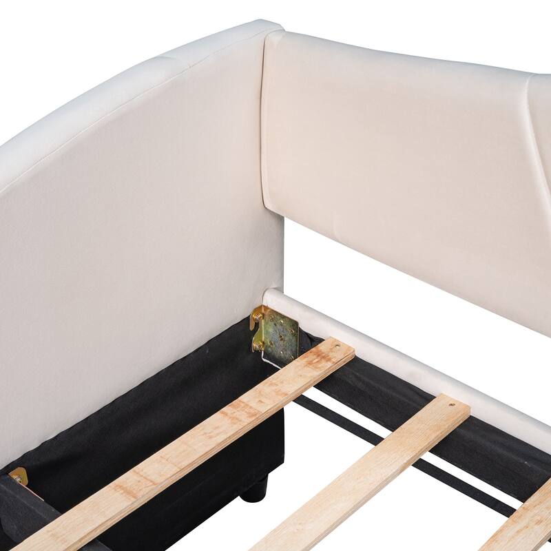 Twin Size Platform Bed Velvet Upholstered Daybed with Trundle Bed, Lounge Chasie Sofa Bed with Armrest and Backrest