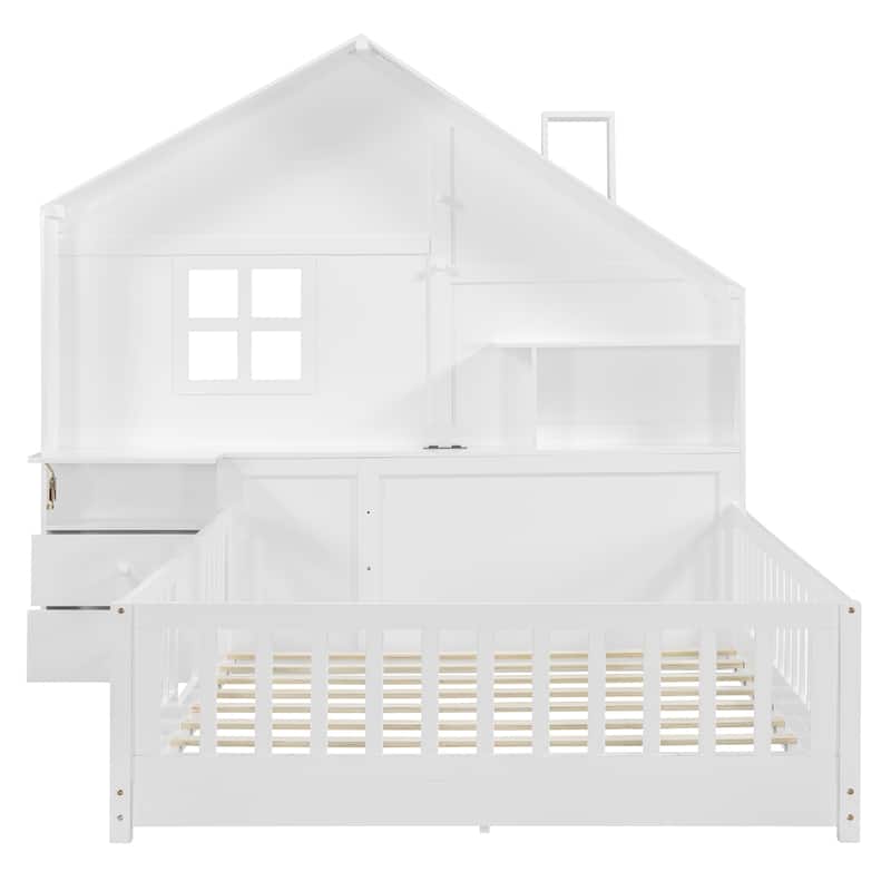 Roomfitters Twin/Full Size House Bed with Shelves, USB Port, Window Design and Side Compartments, White