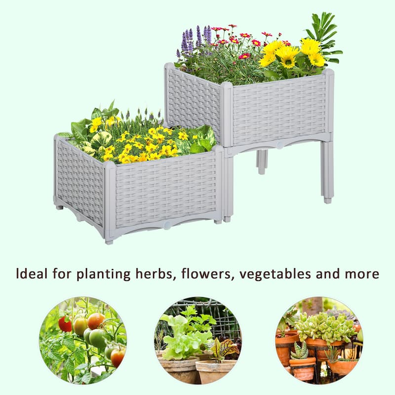 Outsunny 2-Piece Rattan Raised Garden Beds Outdoor Planter Boxes with Different Stacking Arrangements, Self-Watering Design