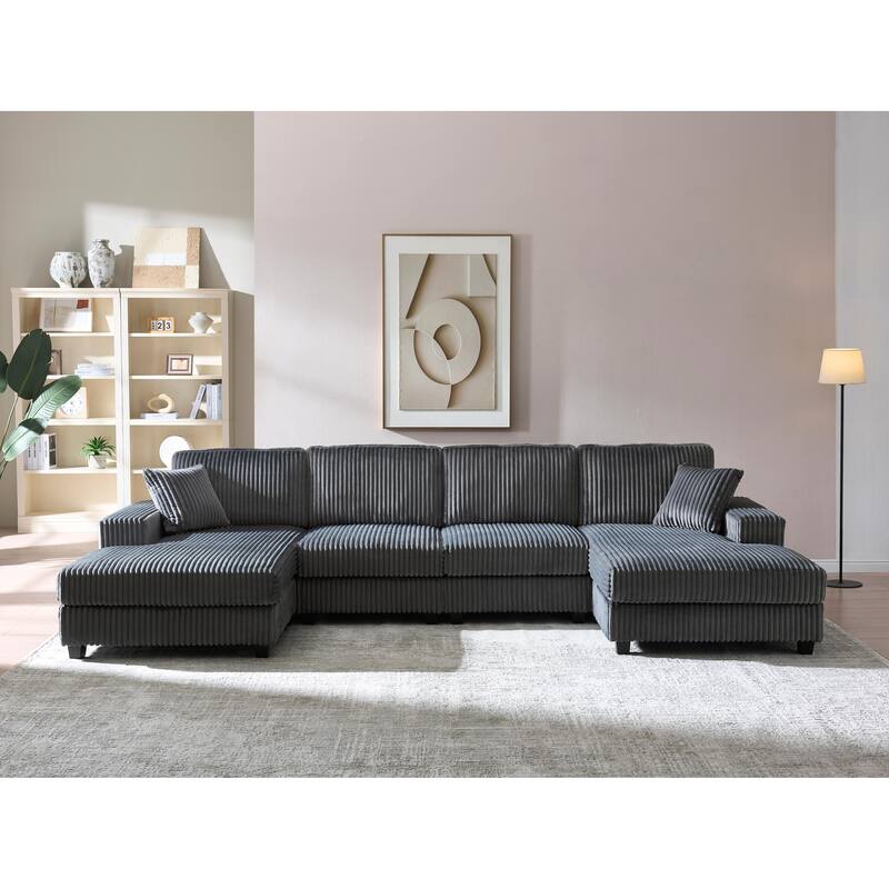 Modular Sectional Sofa with Dual Chaise Lounges, Corduroy Cloud Sofa with Armrest Storage Rack, Convertible 4-Seat Sleeper Sofa