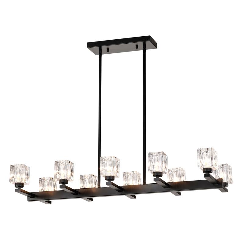 Chandelier for Dining Room, 10-Light Black Farmhouse Linear Pendant Light Fixture, Modern Crystal Hanging Lighting Chandelier - Matte Black