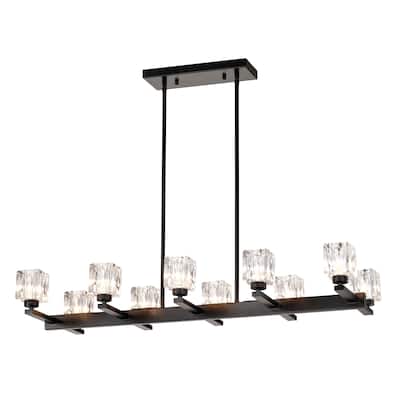 Chandelier for Dining Room, 10-Light Black Farmhouse Linear Pendant Light Fixture, Modern Crystal Hanging Lighting Chandelier