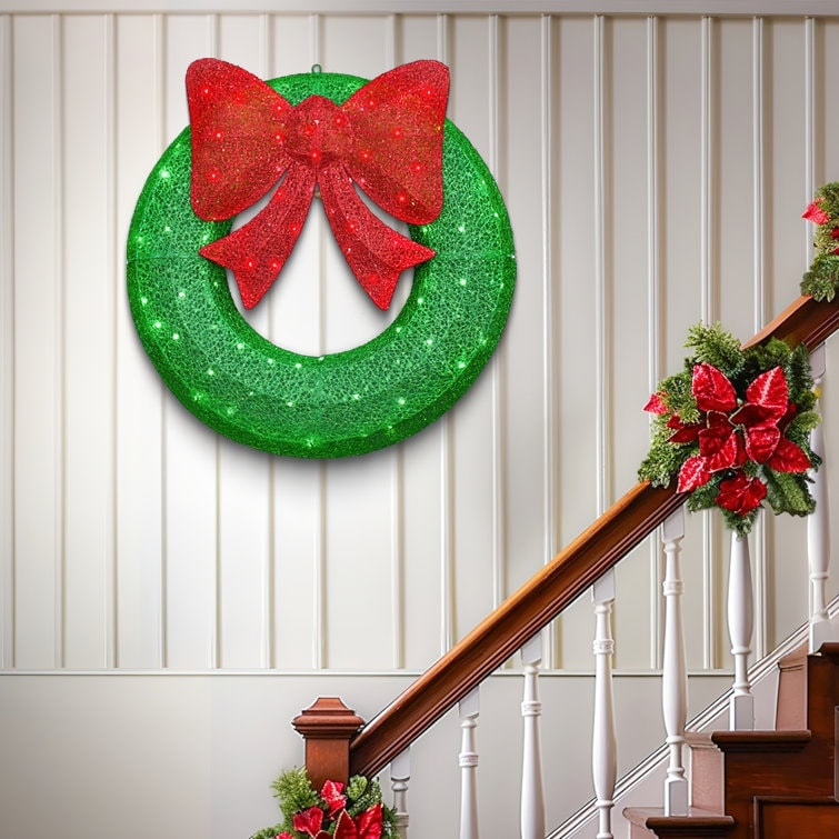 Mieres 35.4in Pre Lit Outdoor Christmas Wreath Decoration LED Metal Holiday Decor for Home Exterior Garden with 90 Lights Bow N A White Red