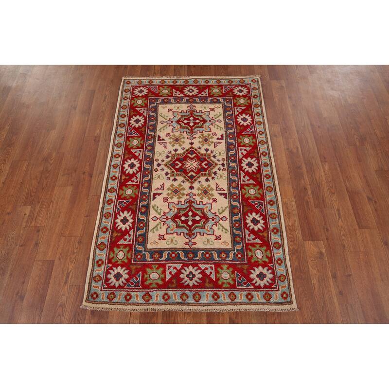 Geometric Kazak Oriental Accent Rug Hand-Knotted Wool Carpet - 2'8" x 4'3"