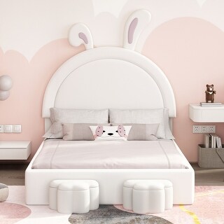 Full Size Velvet Upholstered Rabbit-Shape Bed w/2 Storage Stools,White