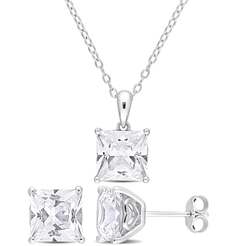 Miadora 9 1/6ct TGW Created White Sapphire Solitaire Necklace and Stud Earrings Set Sterling Silver