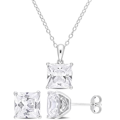 Miadora 9 1/6ct TGW Created White Sapphire Solitaire Necklace and Stud Earrings Set Sterling Silver