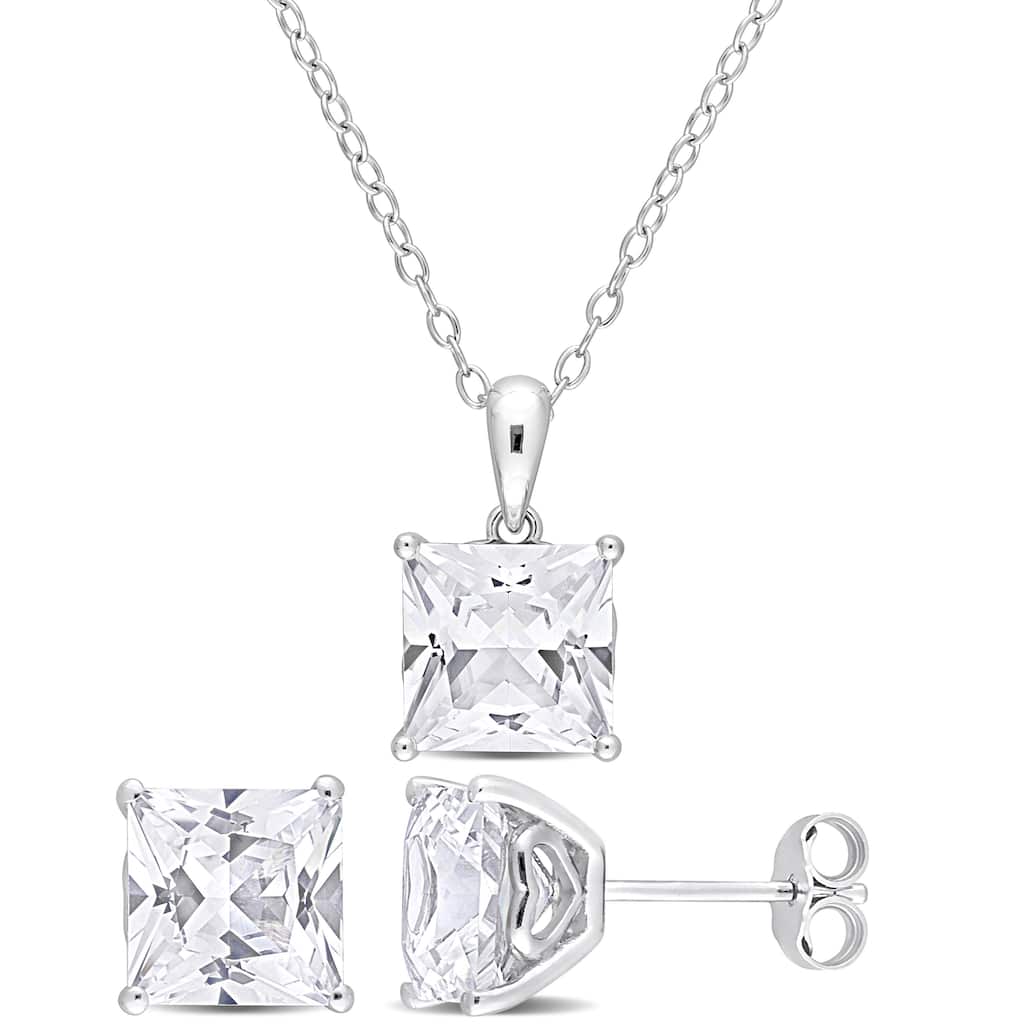 Miadora 9 1/6ct TGW Created White Sapphire Solitaire Necklace and Stud Earrings Set Sterling Silver