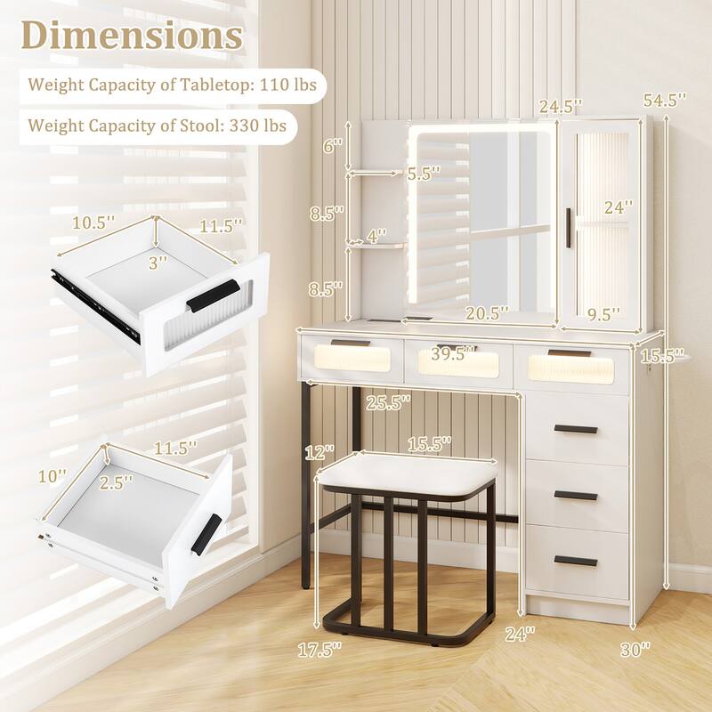 Gymax Vanity Desk w/ Mirror Induction Lighting 3-Color Lighting Modes
