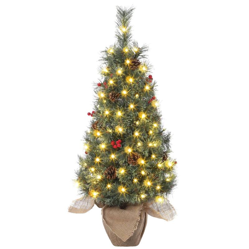 2/ 3ft Artificial Tabletop Christmas Tree with LED Lights with Burlap Base for Dining Room