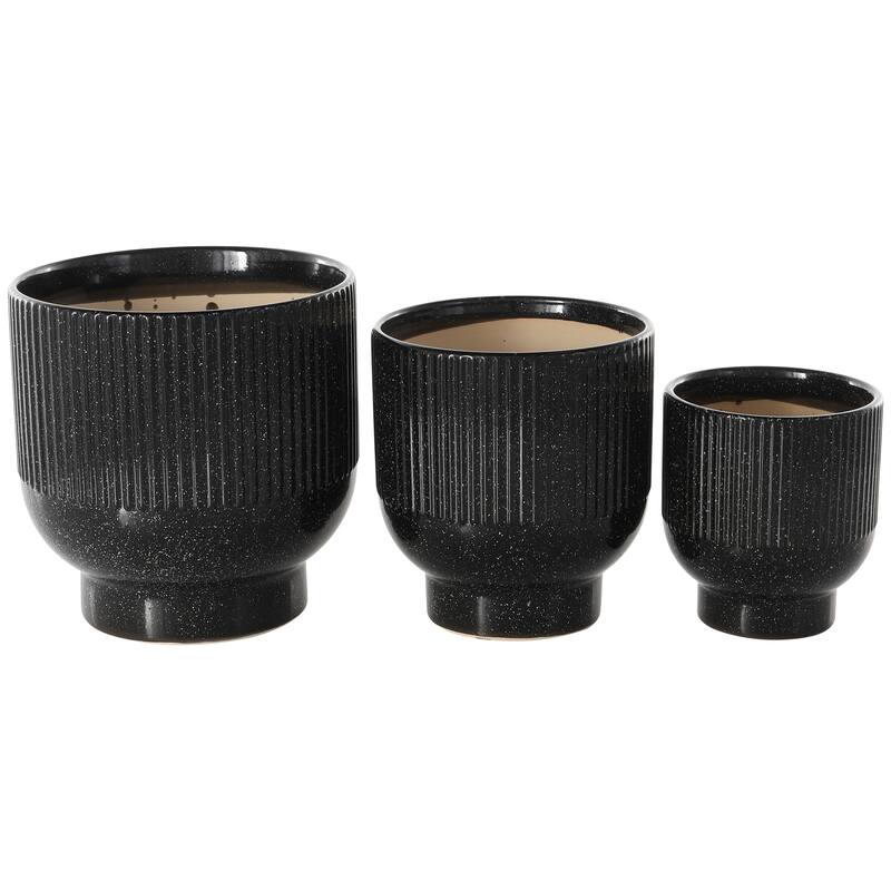 Black, Light Blue or White Ceramic Speckled Planter with Linear Grooves and Tapered Bases (Set of 3)