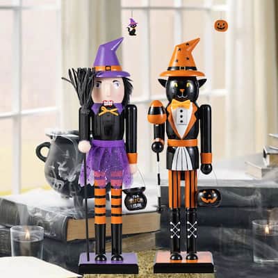 Glitzhome 18.50"H Halloween Wood Black Cat Witch Nutcracker with Jack-O-Lantern