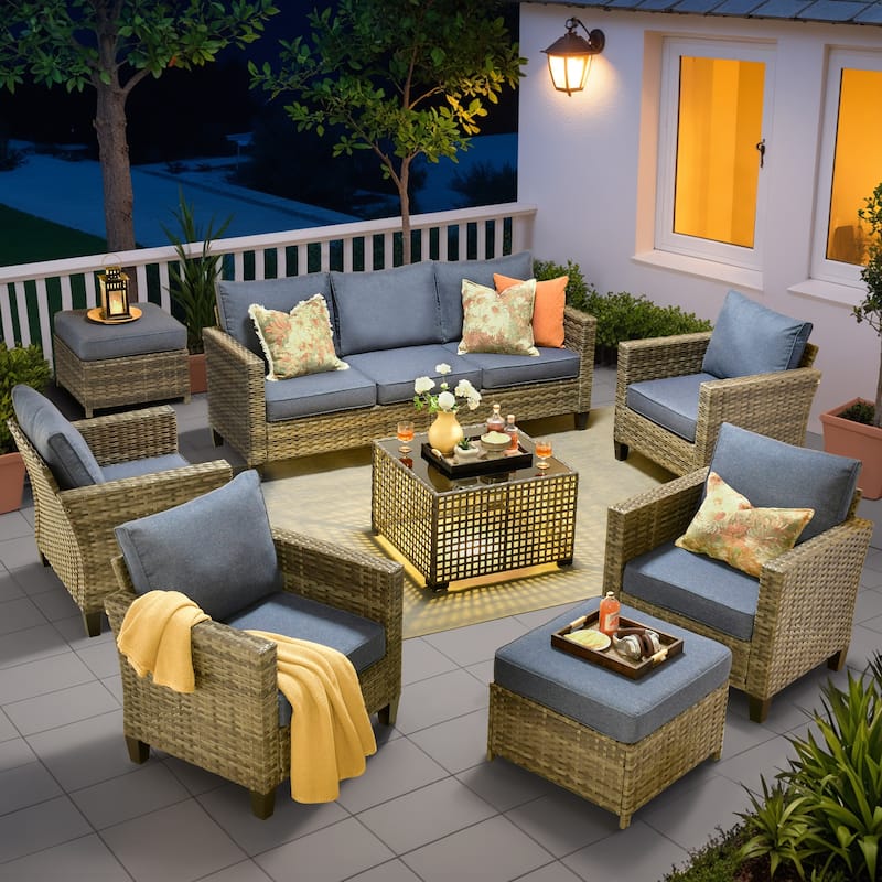 OVIOS 8 Pieces Outdoor Wicker Sectional Set With Solar-Powered CoffeeTable