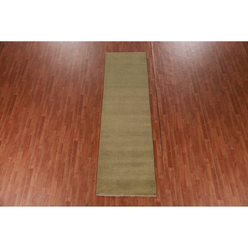 Hand Knotted Oriental 100% Wool Carpet Modern Solid Green Gabbeh Runner Rug - 10' 1'' X 3' 0''