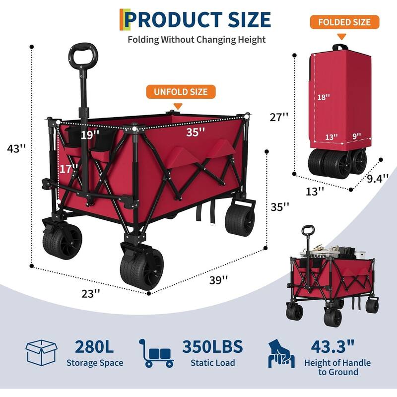Outdoor Collapsible Folding Wagon Cart, 350lbs Capacity for Beach, Camping, Garden