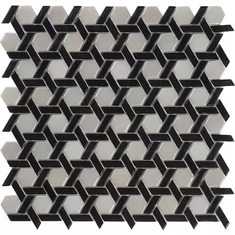 Apollo Tile 10 pack 11.7-in x 11.9-in Black and White Hexagon Glossy Glass Mosaic Floor and Wall Tile (9.67 Sq ft/case)
