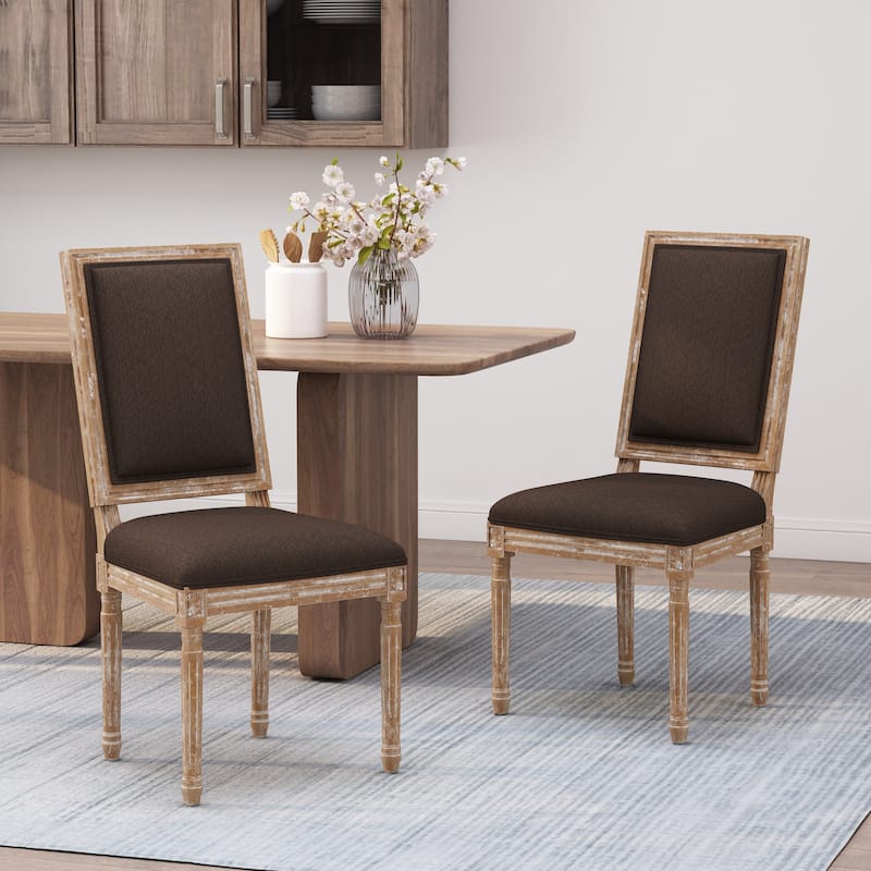 French Country Upholstered Dining Chair with Cane Backrest and Rubberwood Frame Set of 2