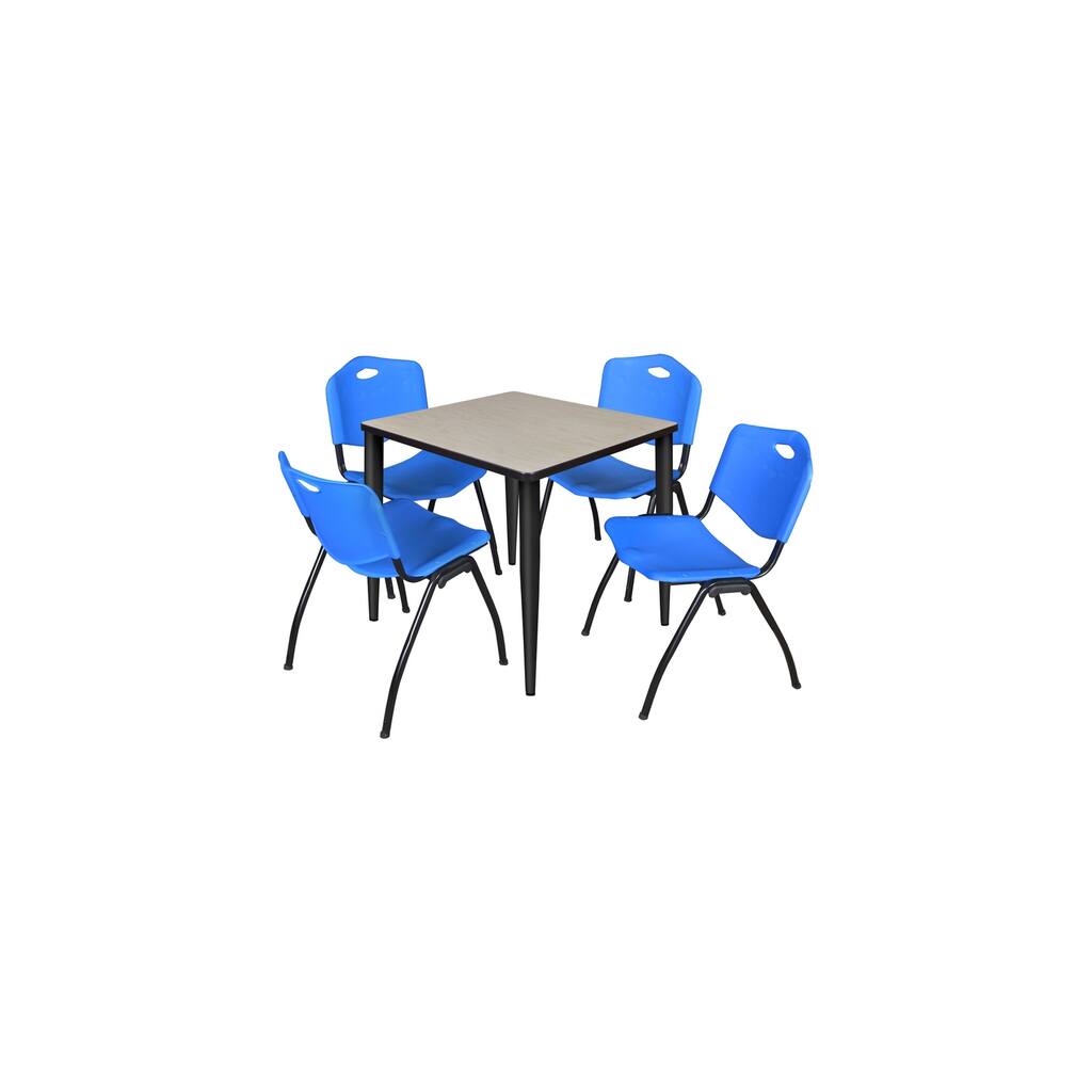 30 in. Square Breakroom Table- Maple Top, Black Base & 4 M Stack Chairs- Blue