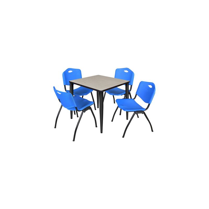 30 in. Square Breakroom Table- Maple Top, Black Base & 4 M Stack Chairs- Blue