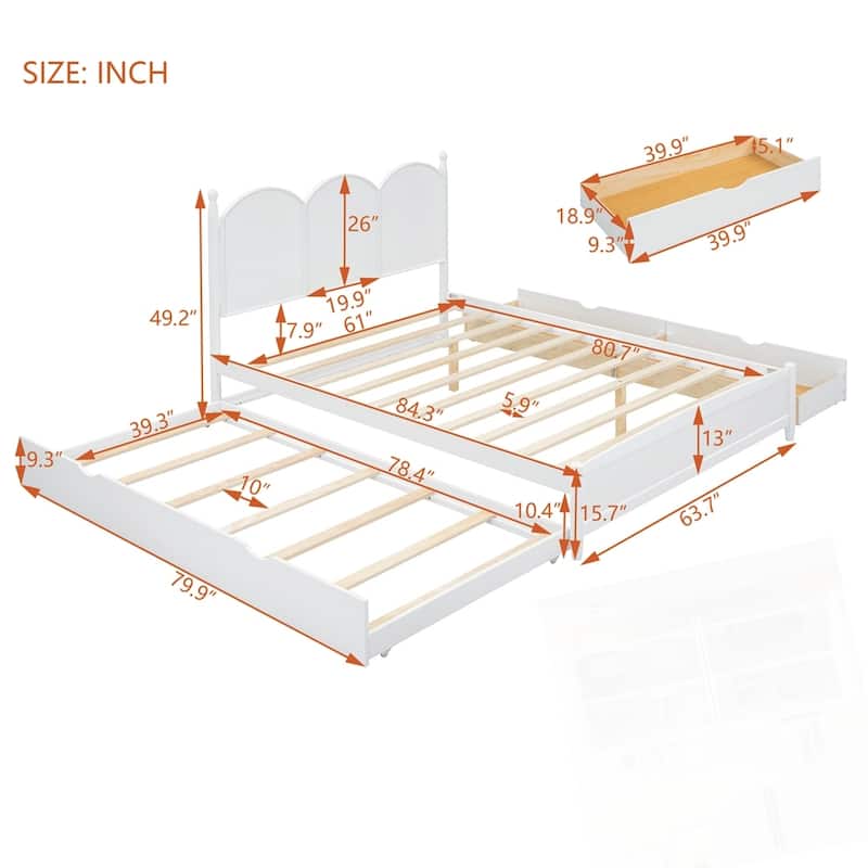 Queen Size Platform Bed With with 2 Big Drawers and Twin XL Size Trundle