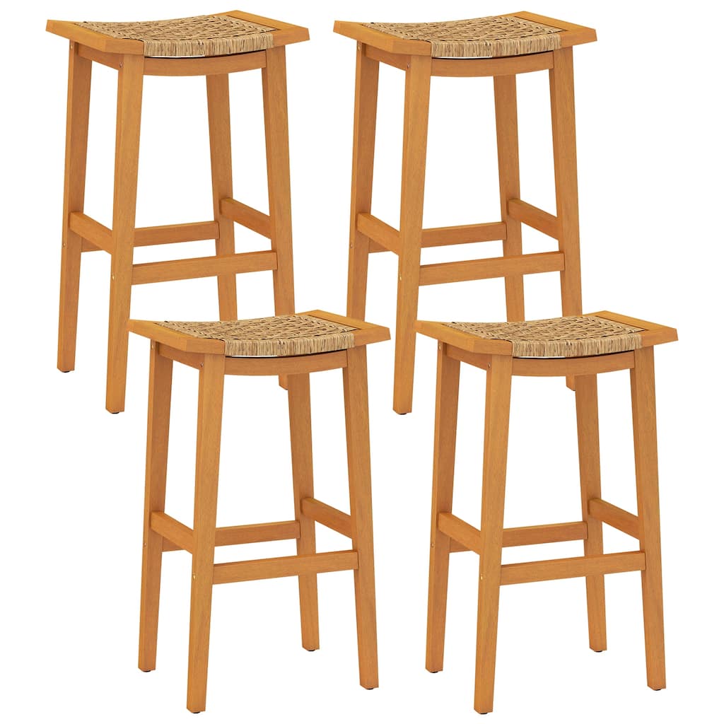 Gymax Outdoor Acacia Wood Bar Stools Set of 4 w/ PE Rattan Seats &